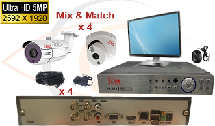 CCTV HD Security Camera System 5 in 1 5MP Standalone 4 Port DVR with 5MP HD Coax Cameras, Cables, HDD and Monitor